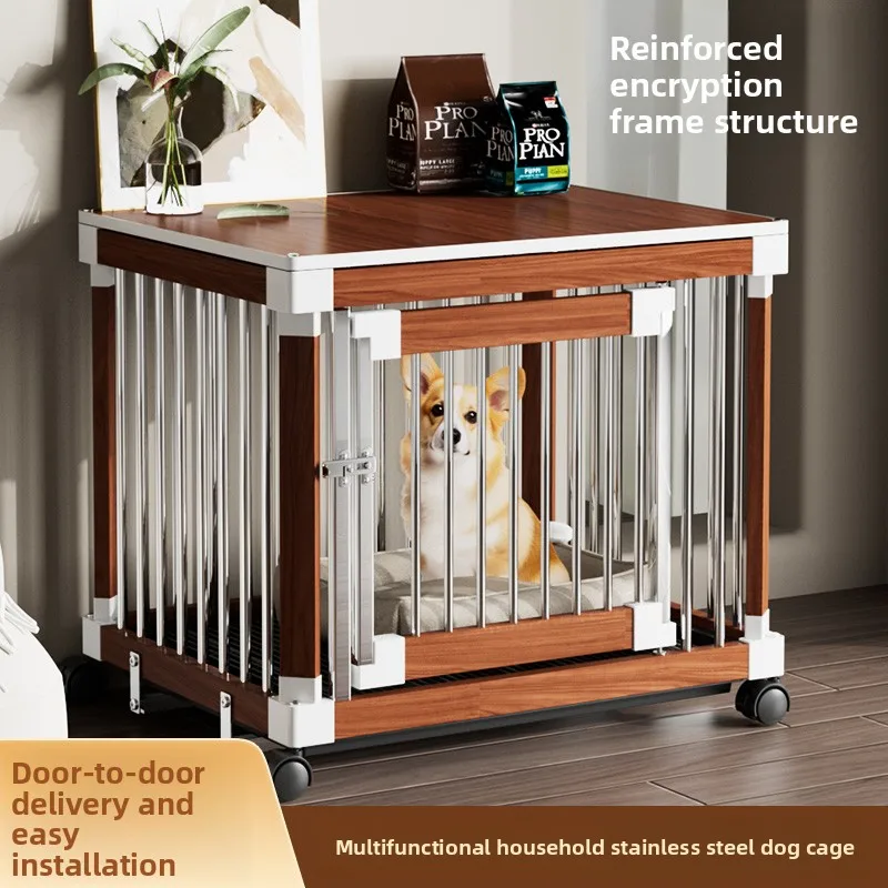 

Stainless Steel Dog Crate with Toilet Wooden Thickened for Corgi Shiba Teddy French Bulldog Small Medium Dogs Indoor Home