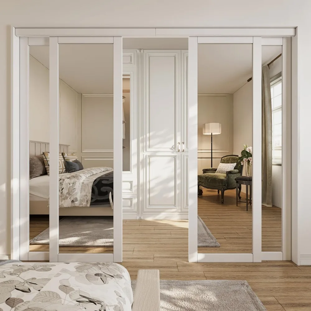 

96'' X 80"One Side Mirrored Sliding Closet Door(Double 47" Track & 4 X 25'' Pre-Assembled Panels with Hardware Kit), Closet Door