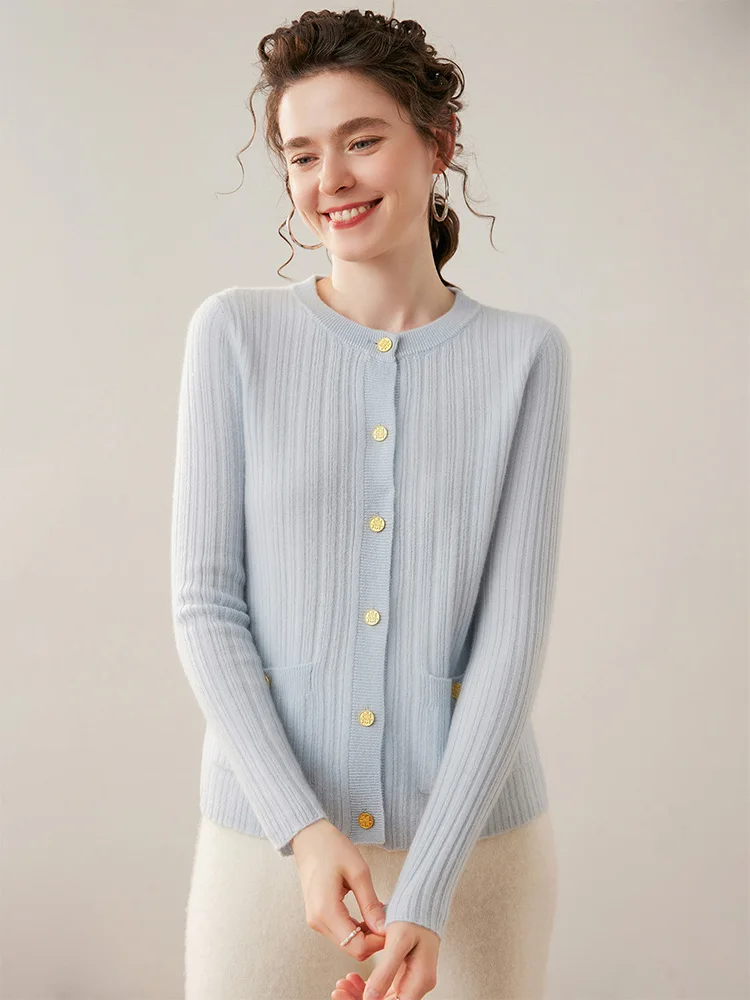 

Women 100% Cashmere Sweater O-neck Cable Knit Cardigan Button Pocket Slim Autumn Winter Long Sleeve Cashmere Knitwear Soft Tops