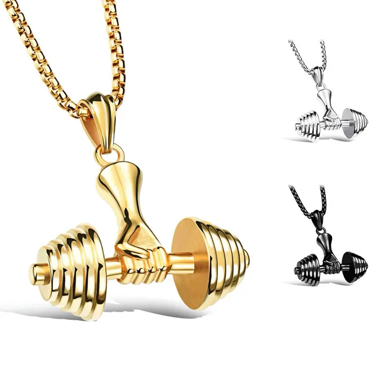 Stainless Steel Barbell Pendant Necklace For Men Punk Titanium Steel Chain Male Fitness Sports Style Fashion Jewelry Accessories