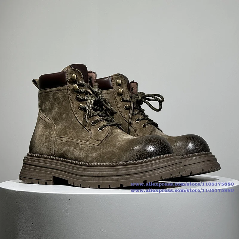 Thick Soles Height Increasing Motorcycle Boots Big Round Toe Men's Boots Ankle Booties Luxury Designer Men's Shoes Botas Mujer