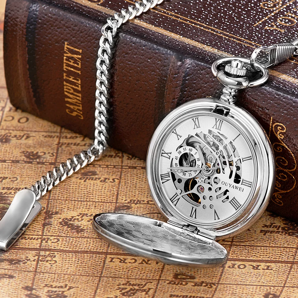 Luxury Brand OUYAWEI Mechanical Pocket Watch Men Full Steel Case Pocket Fob Watch Analog Silver White Dial Vintage Male Clock