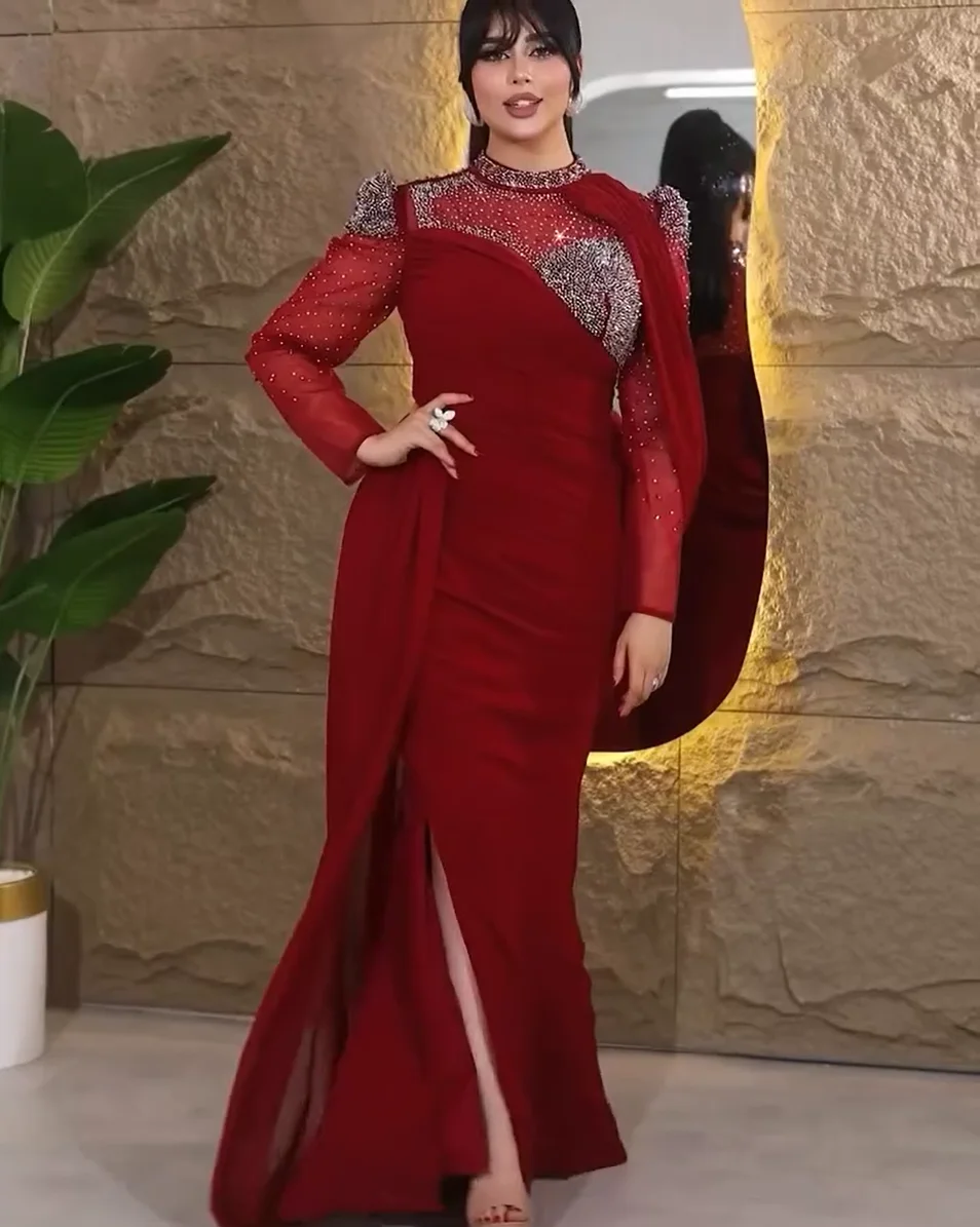 Red Mermaid Chiffon Beaded Prom Dresses Long for Women 2025 Long Sleeve Side Slit Pleated Evening Gowns Customized