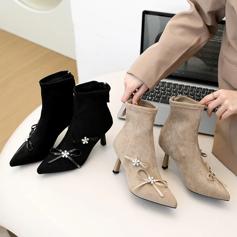 

Hot Selling Stretch Skinny Boots Vintage Rhinestone Bow Suede Zipper Non-Slip Wear-Resistant Stiletto Heel Booties