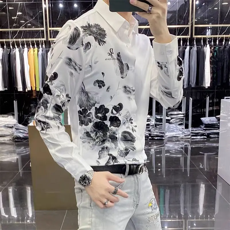 Spring Autumn New Printing Y2K Shirt Man High Street Turn-down Collar Long Sleeve Button Patchwork Cardigan Fashion Office Tops