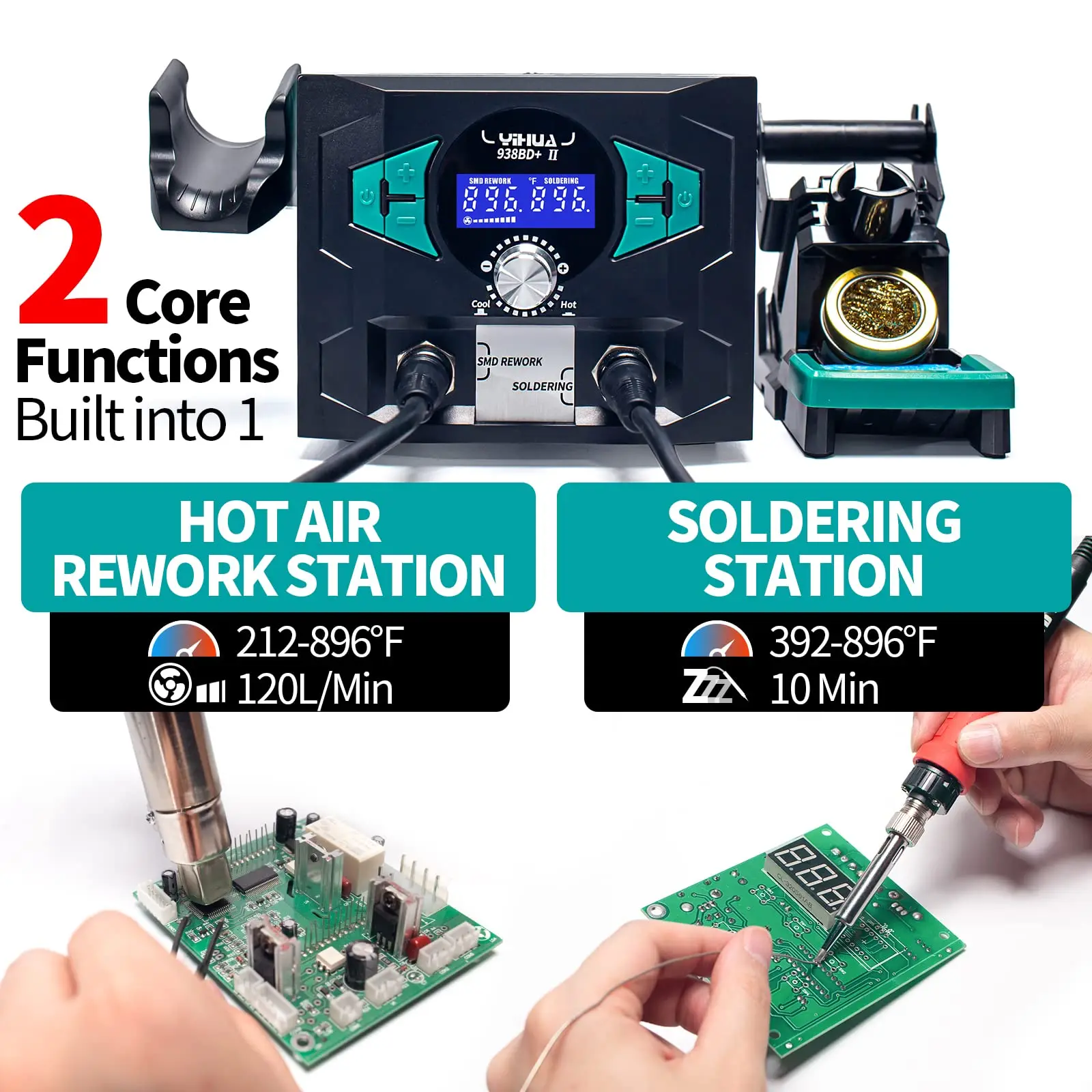 938BD+ II 2-in-1 Soldering & Hot Air Rework Station 212-896°F PID Sleep Mode Digital Calibration with 3 Tips & Solder