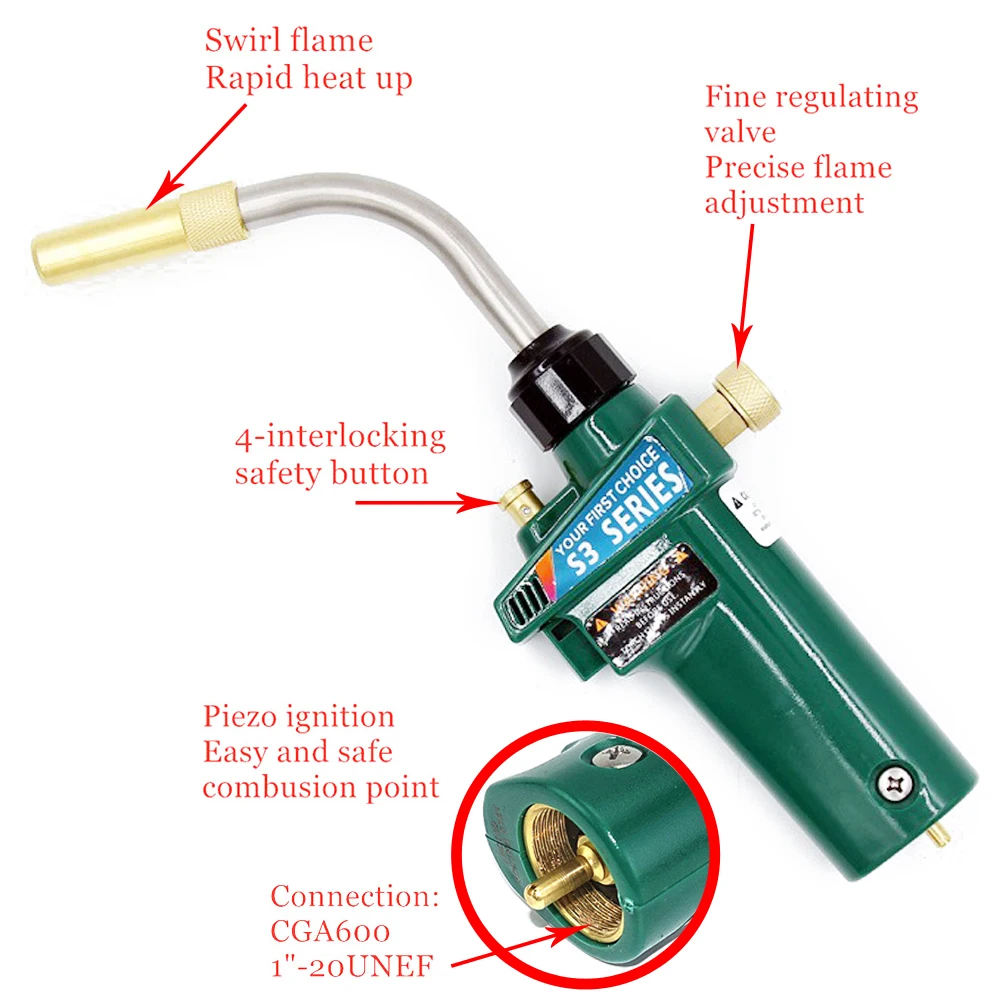 Braze Welding Torch MAPP Propane Gas Torch Piezo Trigger Ignition CGA600 Copper Aluminum Heating Solder Burner