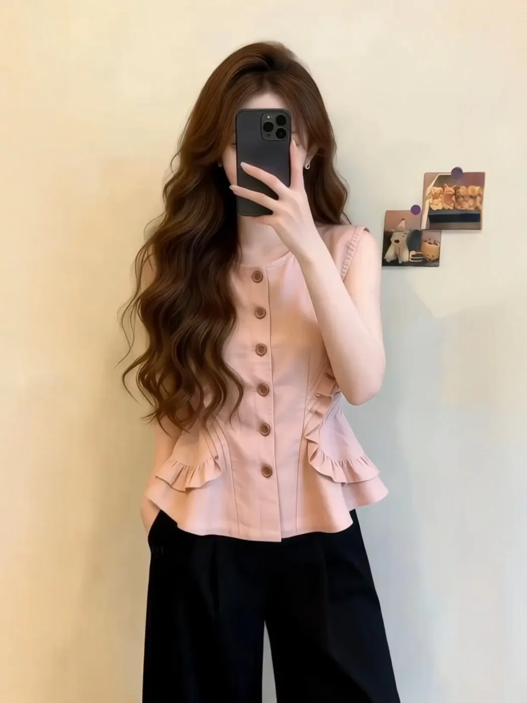 

Pink Summer Commute Style Sleeveless Single Button round Neck Pleated Women's Top Fashionable Slim Fit Shirt for Young Girls
