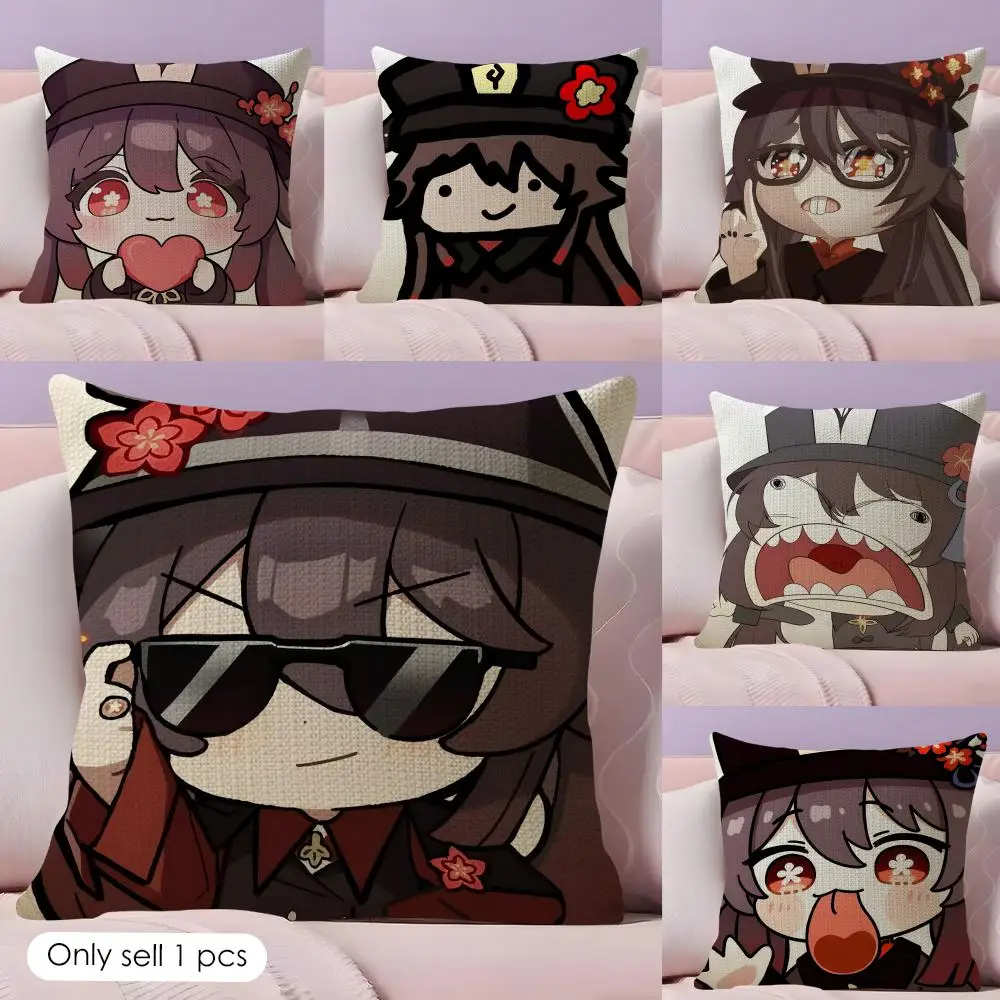 Hu Tao cute Genshin Impact Cushion Cover Natural Linen Organic Fabric Double-Sided Printing Sofa Home Decor Gift Pillow Case