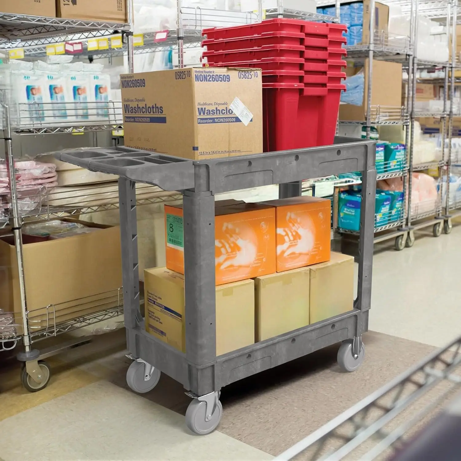 Plastic Utility Cart on Wheels, 40 x 17 Inch Rolling Service Cart-Gray
