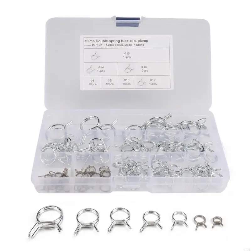 M76E 70-Piece Spring Hose Clip with 10 Pieces in Each of 7 Groups, Clear Divided Case, and Double Wire Construction for Vehicle