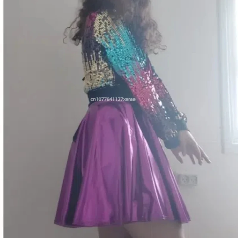 Женская юбка для джазовых танцев, большие размеры, плиссированная эластичная полуюбка из искусственной кожи яркого цвета, универсальный костюм для сценических танцев, группового выступления