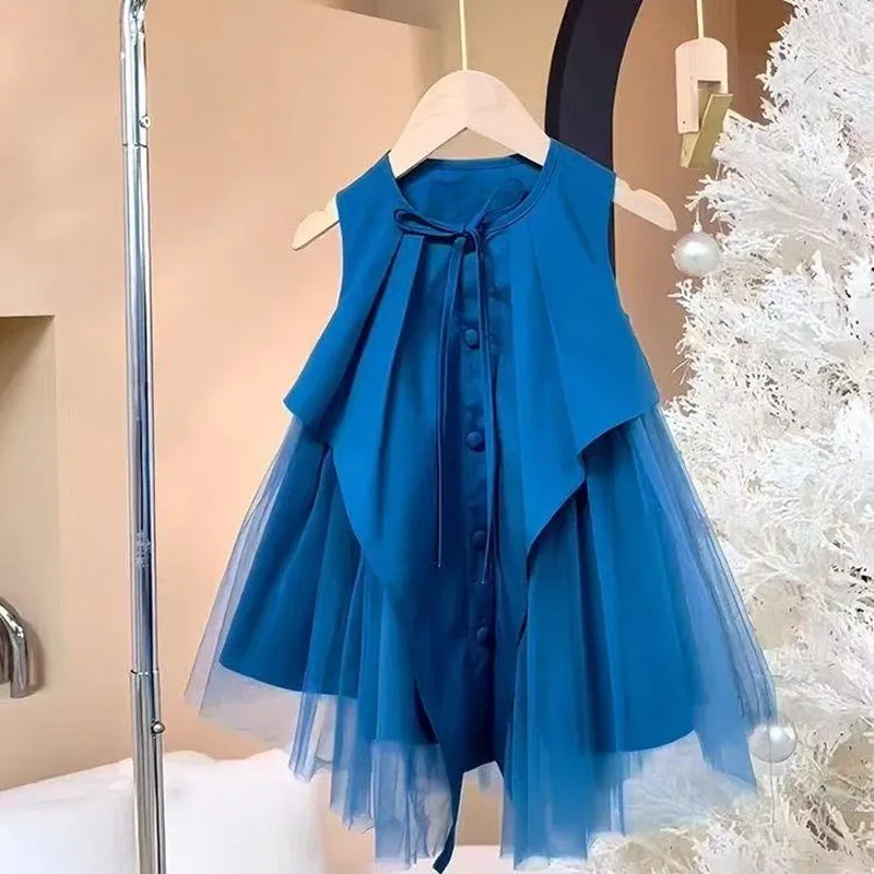 

2025 Summer Kids irregular Sleeveless Dresses for Girls Patchwork Mesh Princess Dress Children Baby Outfits Clothing 4-12 Year