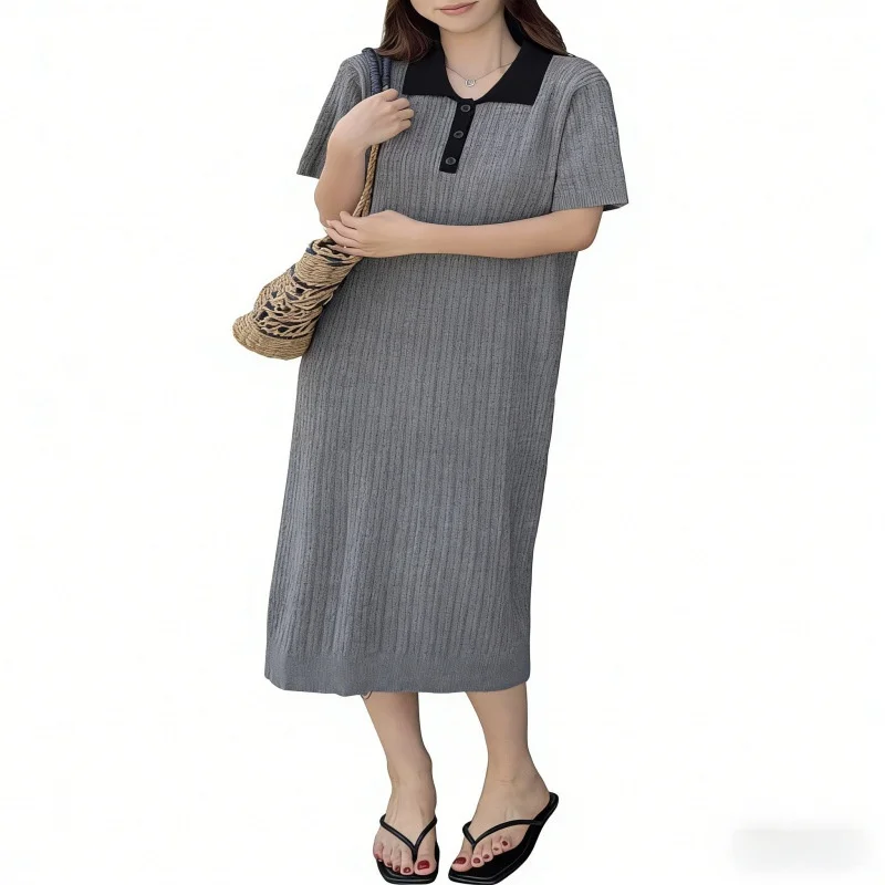 Summer New Korean Style Loose Long Dress Slimming Maternity Dress Knee-Length Nursing Long Skirt Polo Collar Three-Quarter Sl...