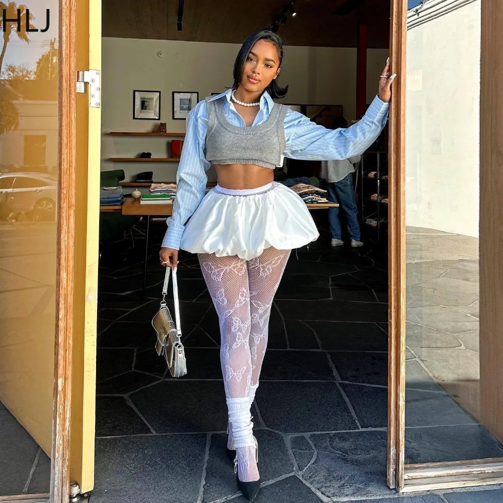 HLJ Fashion College Style Knit Vest Shirts Two Piece Set For Women Turndown Collar Long Sleeve Crop And Puffy Mini Skirts Outfit