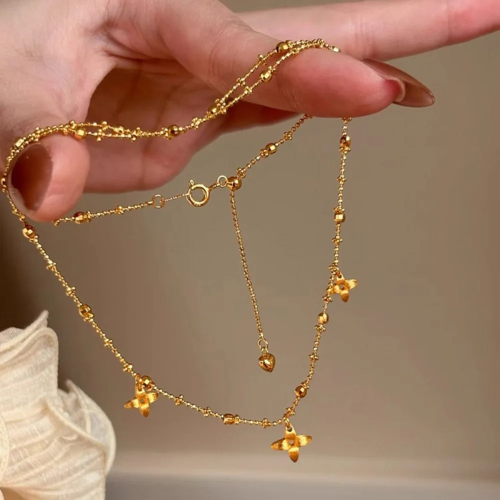 زهرة الماس الذهبية المصقولة مع سلسلة سحرية رائعة، قلادة من الخرز الذهبي المصقول بأربع أوراق البرسيم. #4