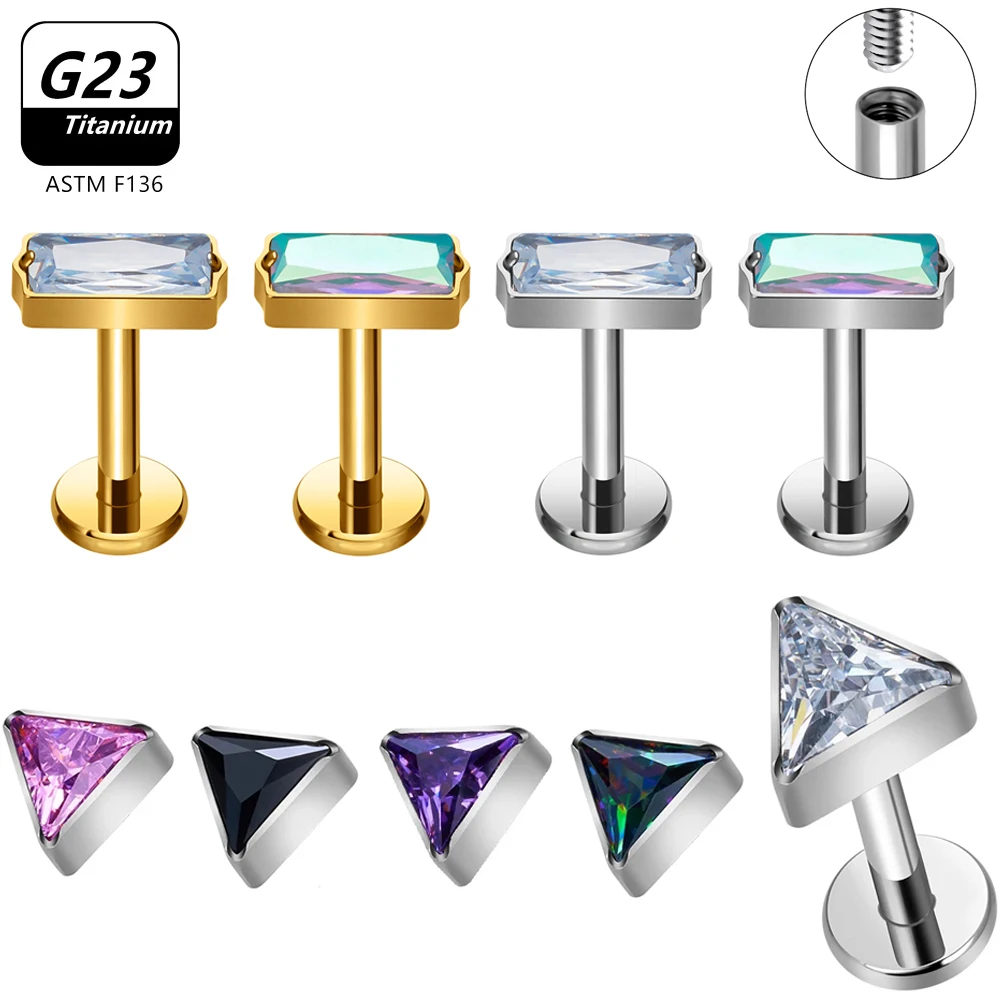 ASTM F136 Titanium EAR PIERC Triangle zirconia Paved Top Threaded Labret Studs Tragus Earrings Lip Tongue Stud Piercing Jewelry