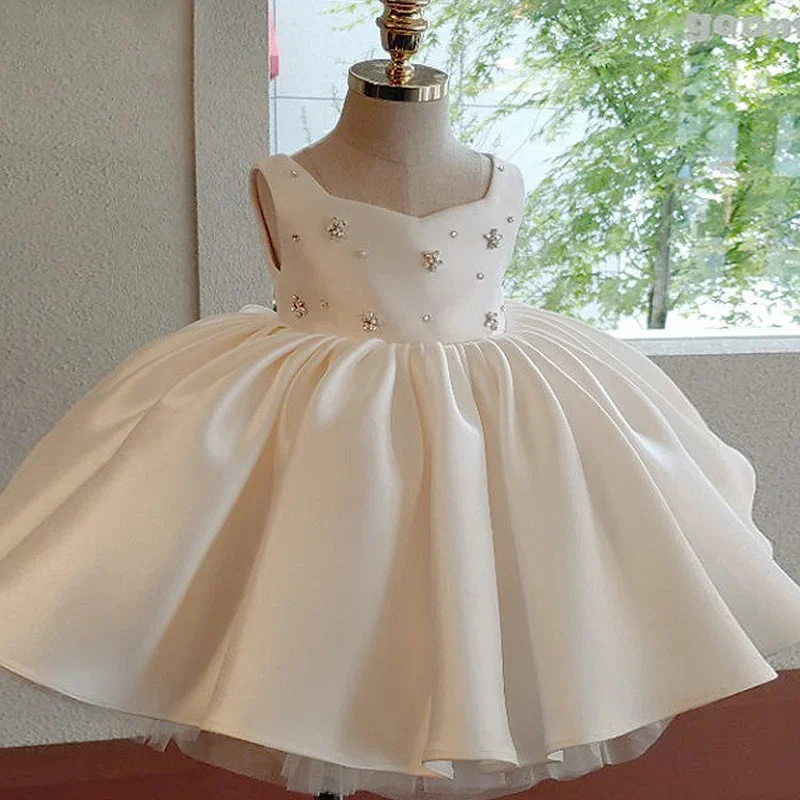 

2024 Flower Girl Dress for Baby Girls Kids Beading Satin White Ball Gowns for Eid Children Formal Elegant Dresses Toddler Frocks