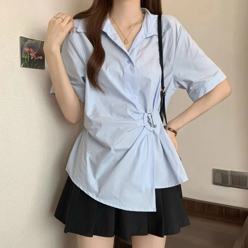 

Shirts Women Irregular Fashion Summer Chic Short Sleeve Casual Korean Style Simple Solid Color All-match Basic Lady Blusas Tunic