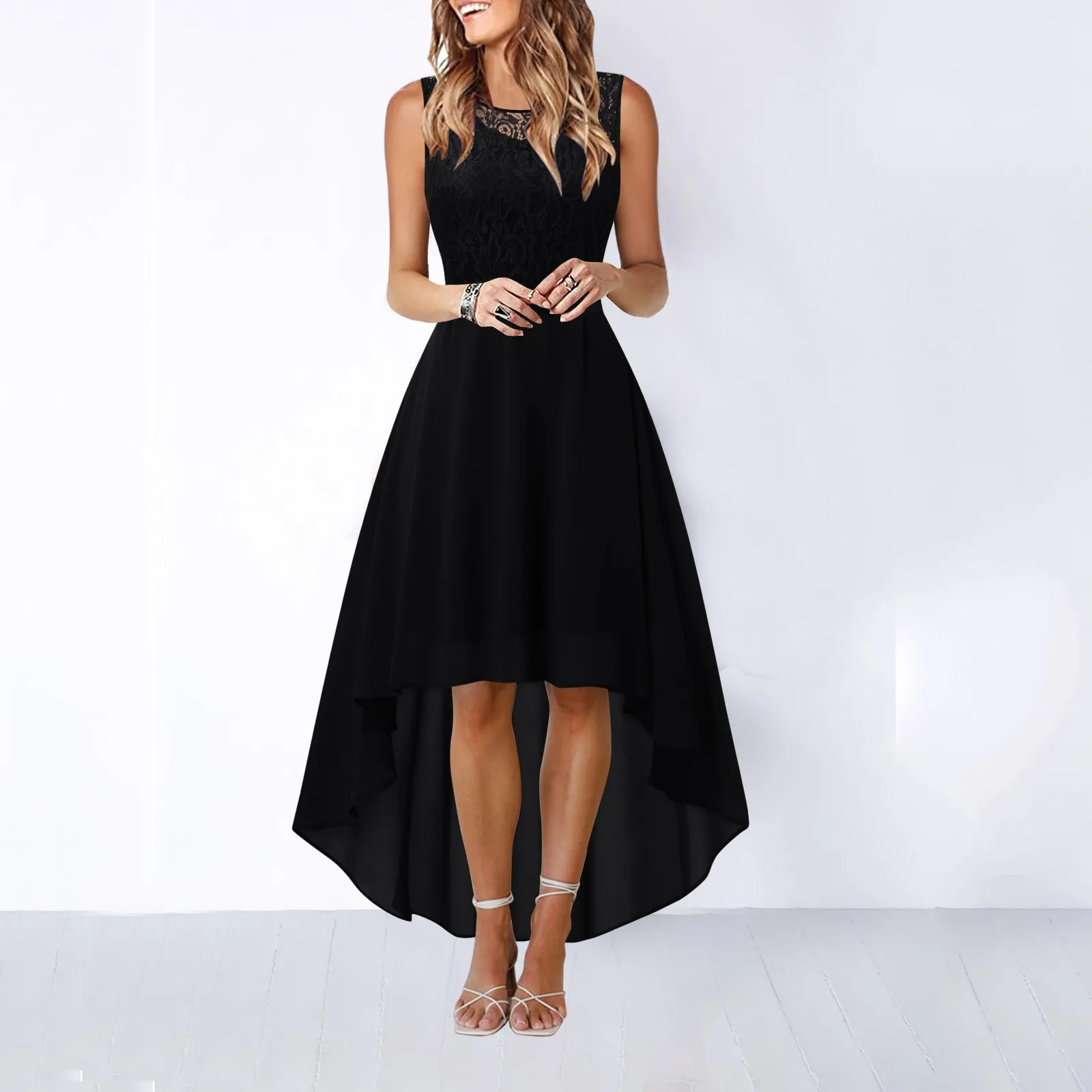 

Women's Lace Floral Dress Bow Belt Elegant Irregular Length Dress Sleeveless Chiffon Dress Bridesmaid Cocktail Party Dress