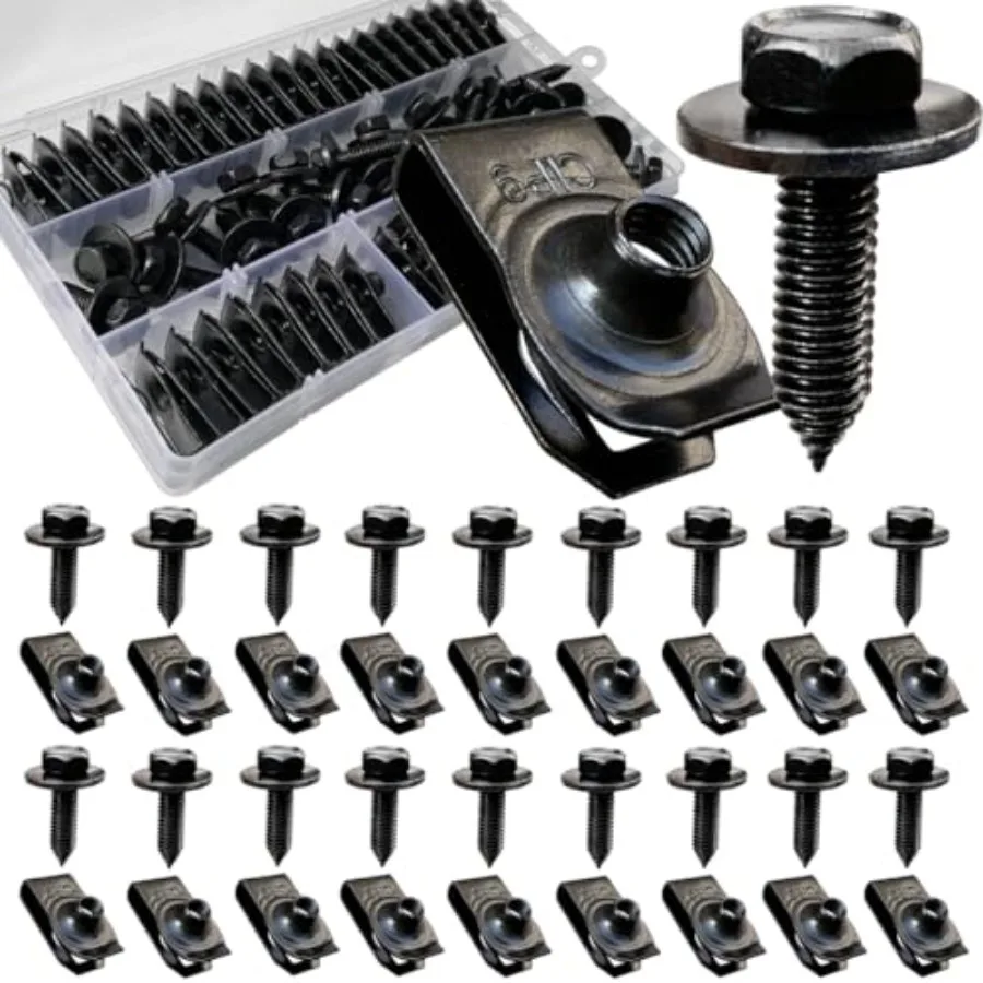 

60PCS 1/4 U Nut Clips and Hex Head Automotive Body Fender Bolts Kit for Most Cars as a Bumper Clips, U Clips, Fender Clips, Aut