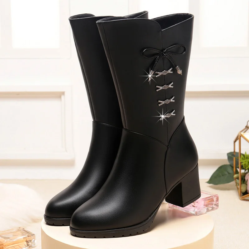 Winter New Fashion High Heel Side Zipper Black Versatile Fashion Boots for Women External Wear Comfort Anti-slip Mid-calf Boots