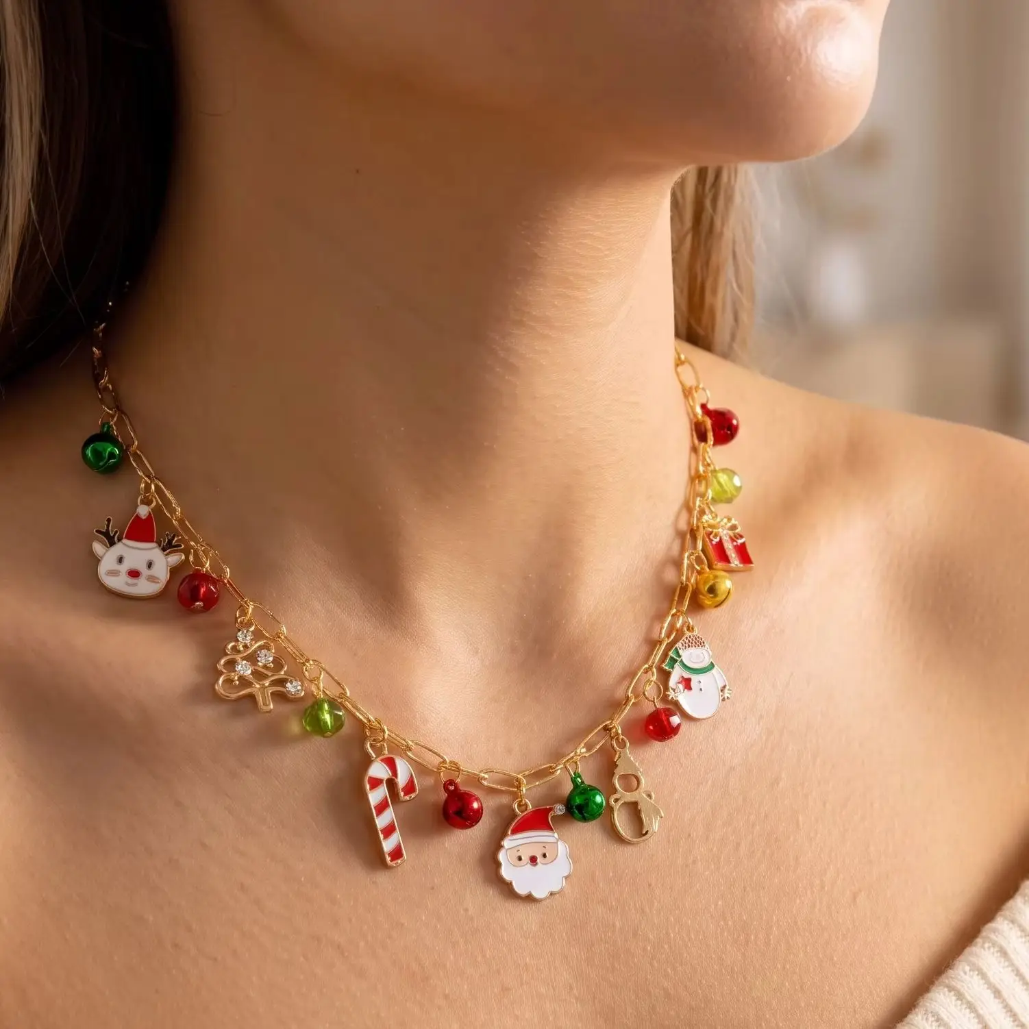 Christmas Santa Candy Cane Reindeer Charm Necklace for Women Dainty Snowflake Rhinestone Clavicle Chain Xmas Party Jewelry Gift