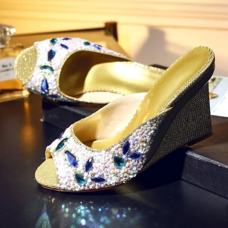 

Bling Blue Green Gemstone Wedge Sandals White Sequins Peep Toe Woman Rhinestone Wedged Heel slipper Vacation Sandalias Shoes