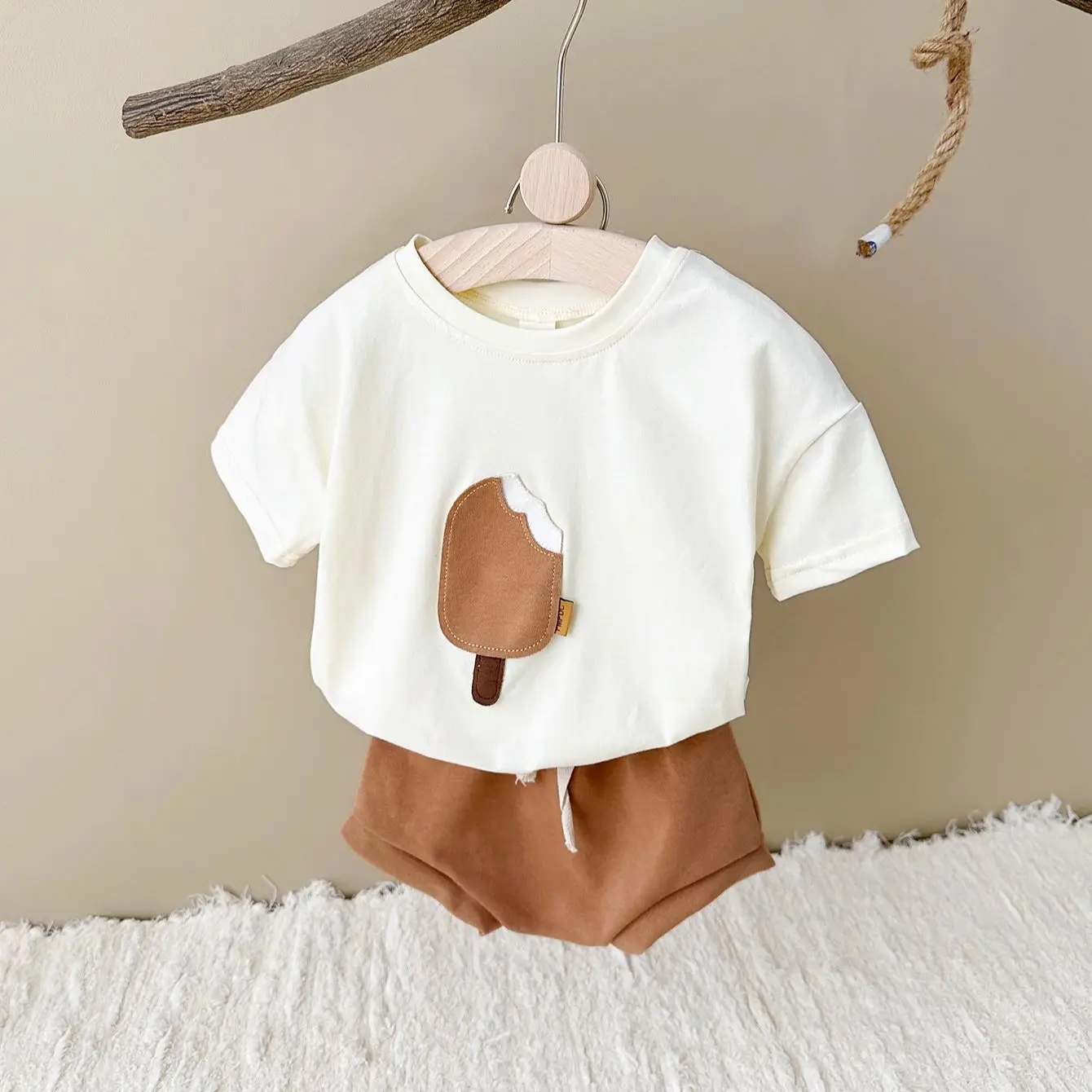 Newborn Summer Baby Children Clothing Set Boy Girl 2PCS Ice Cream Patch T-shirt+Triangle Shorts Cotton Infant Suit Kids 0-3Y