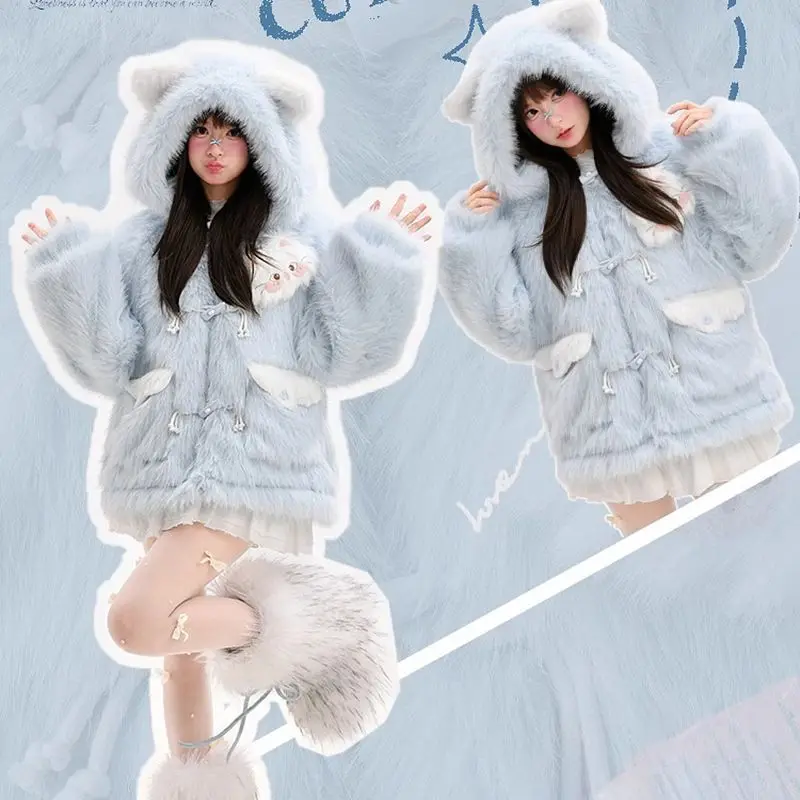 

Japan Sweet And Cute Cat Three-Dimensional Animal Ears Hooded Girl Thickened Fleece Jacket Warm Autumn Winter Women'S Clothing