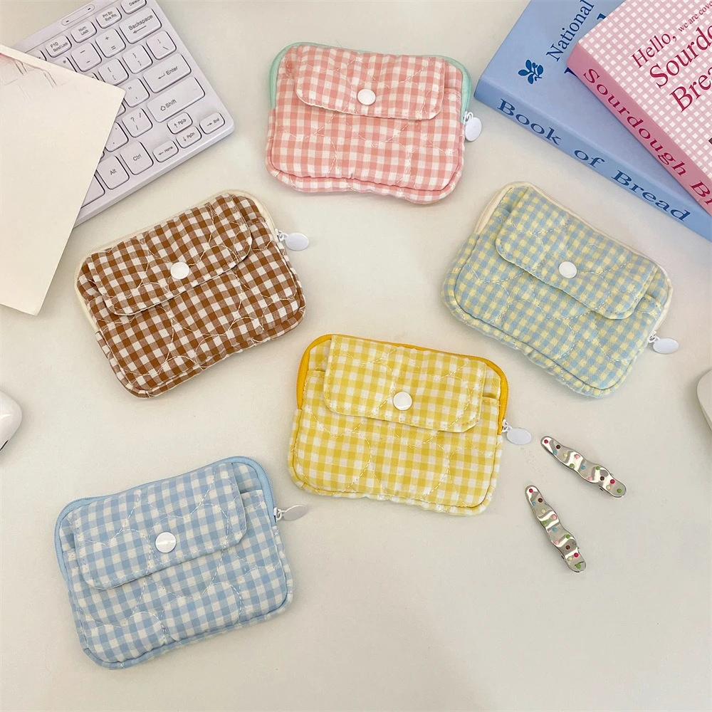 New Plaid Multifunctional Coin Purse Kawaii Wallet Portable Coin Bag Key Earphone Coin Organizer Pouch Zipper Bag Kids Gift