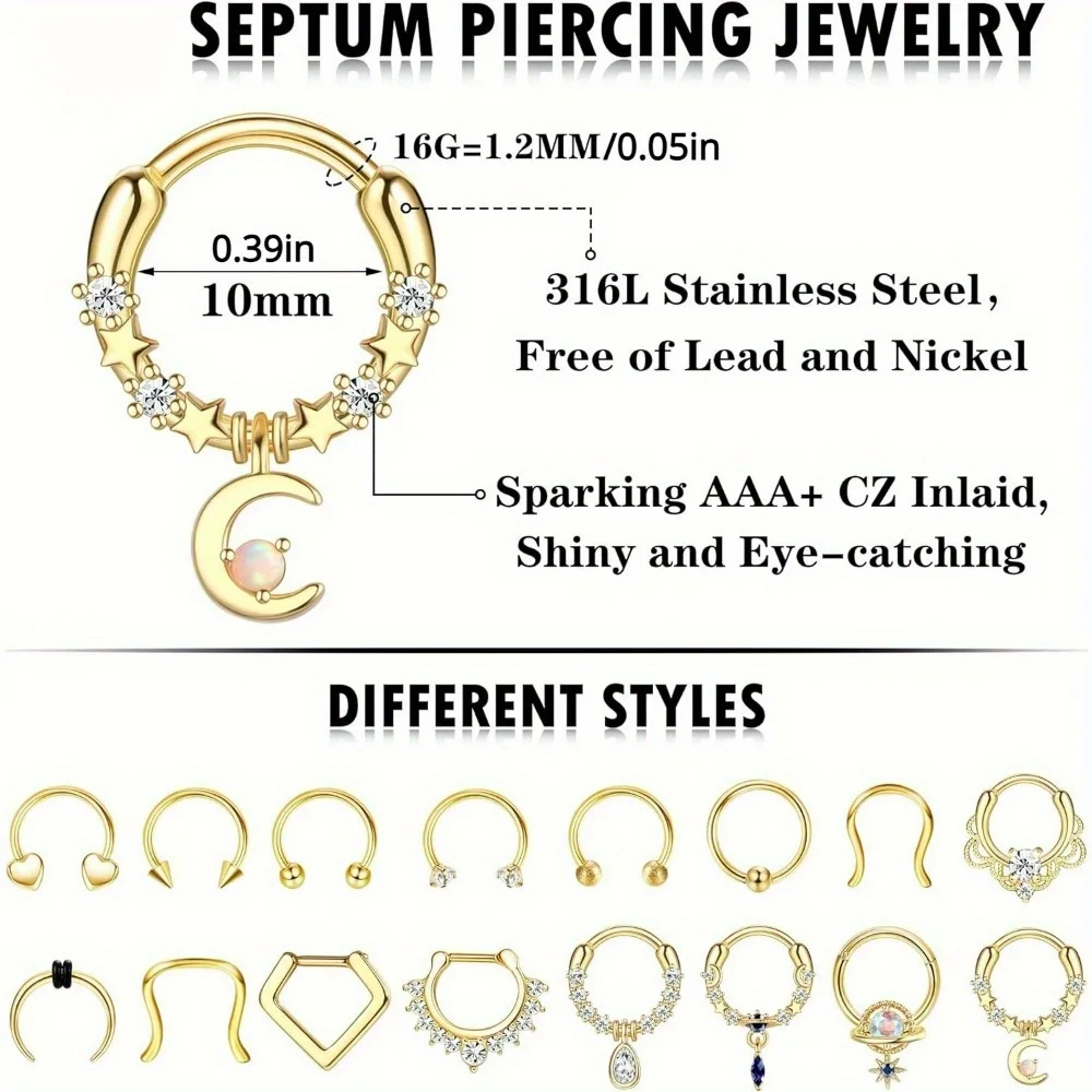 CASSIECA 1Pc 16G Surgical Steel Septum Rings  for Women Men Hypoallergenic Horseshoe CZ Dangle Helix Cartilage Piercing Jewelry