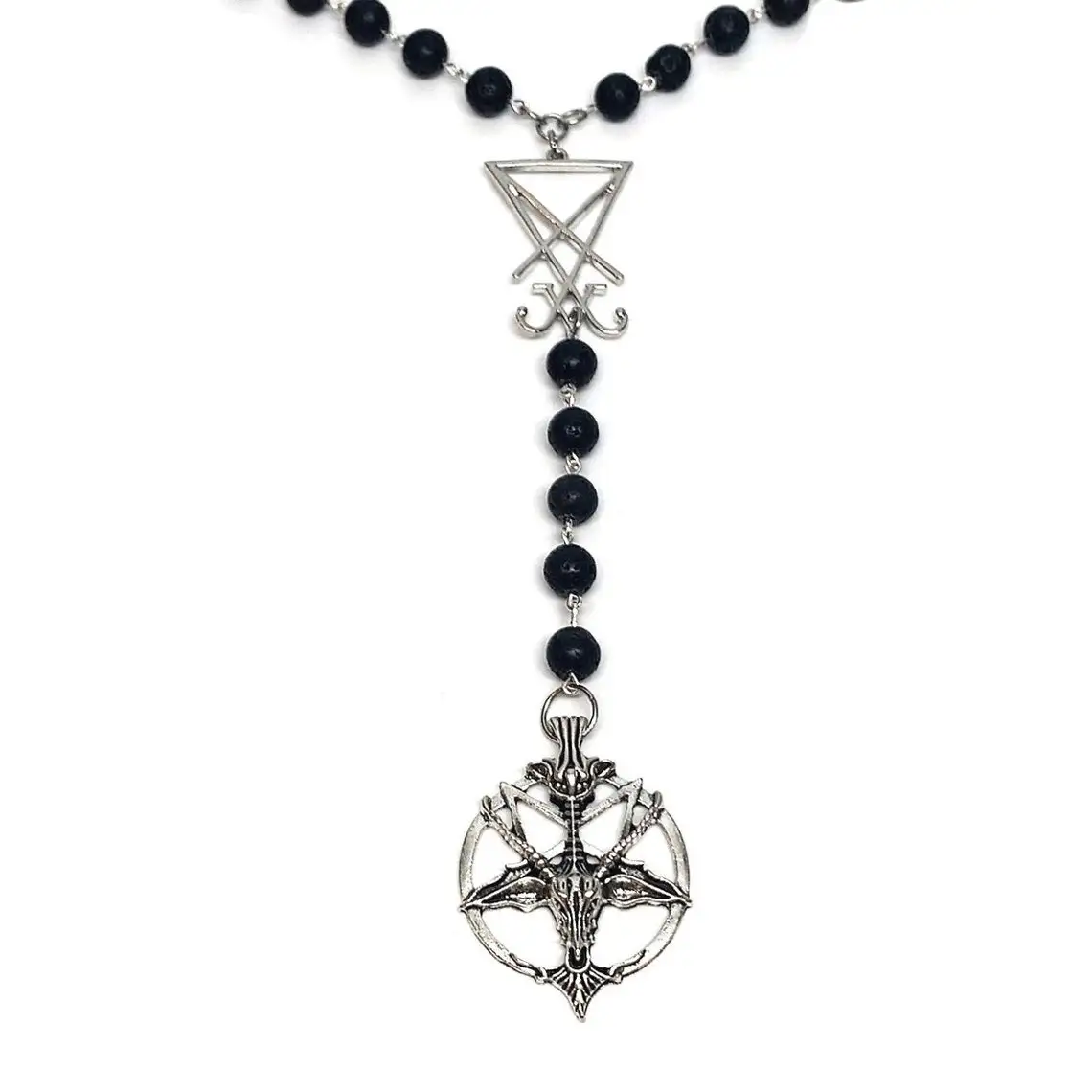 Black beads Satan rosary with silver pentacle and Lucifer imprinted pendant necklace - Satan prayer beads