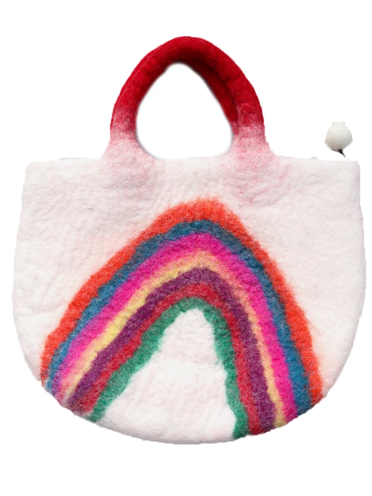 Cute Rainbow Gradient Handmade Wool Felt Handbag Soft Korean Style Embroidered Clutch Bag for Youth Casual Scenarios