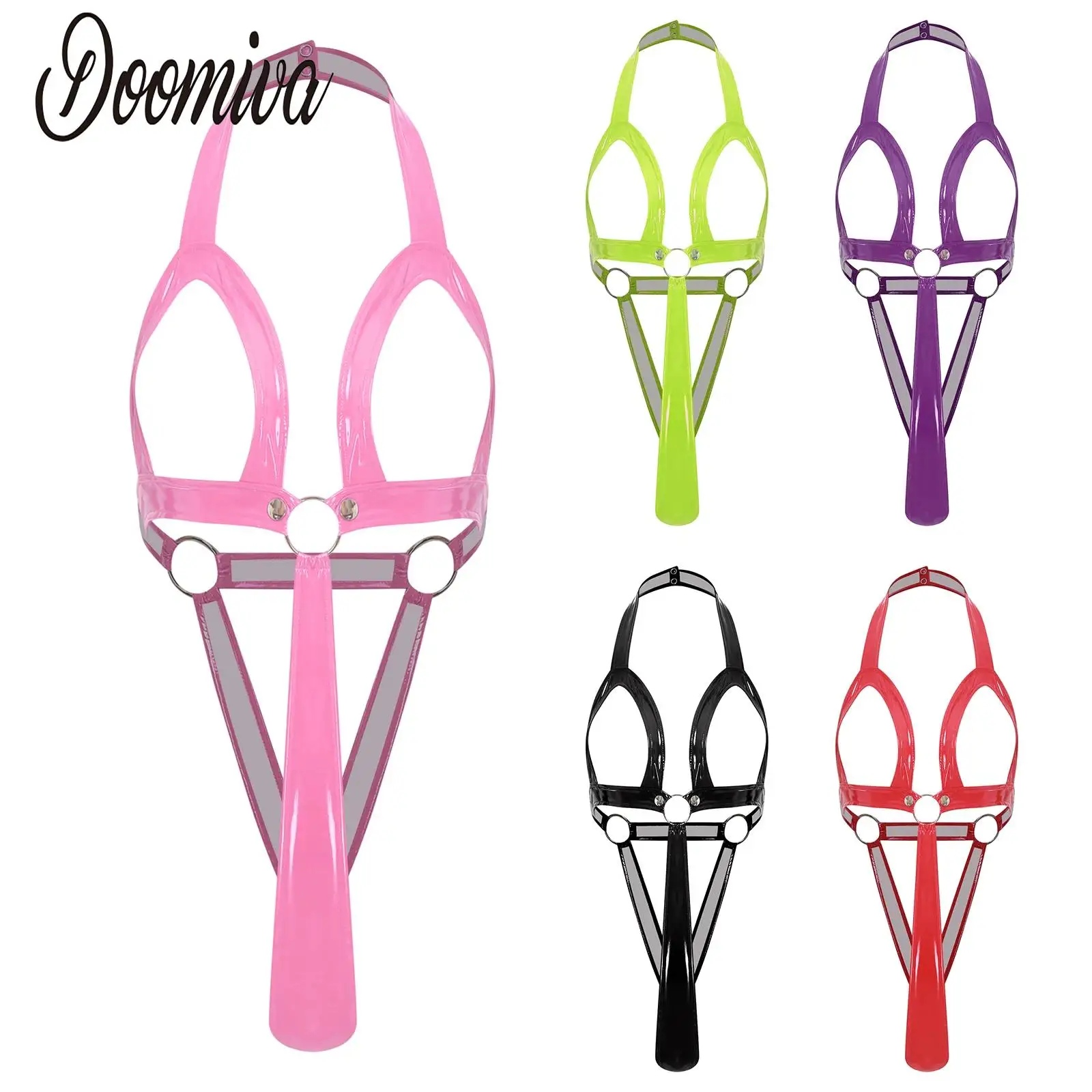 

Women Patent Leather Open Cup Mini Bodysuit Wet Look Crotchless Cutout T-back Sling Lingerie Jumpsuit Night Clubwear Raves Party