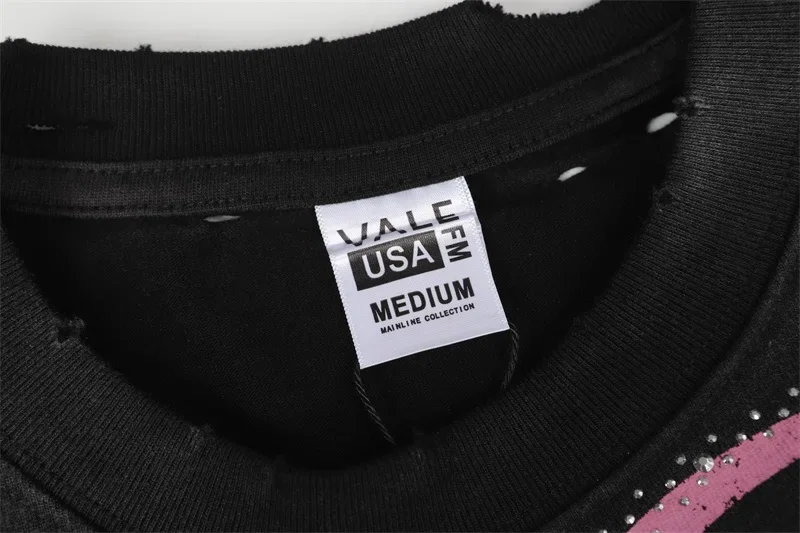 تي شيرت رجالي أسود بأكمام قصيرة من VALLEY مصنوع من القطن الخالص ملابس الشارع الأمريكية تي شيرت علوي