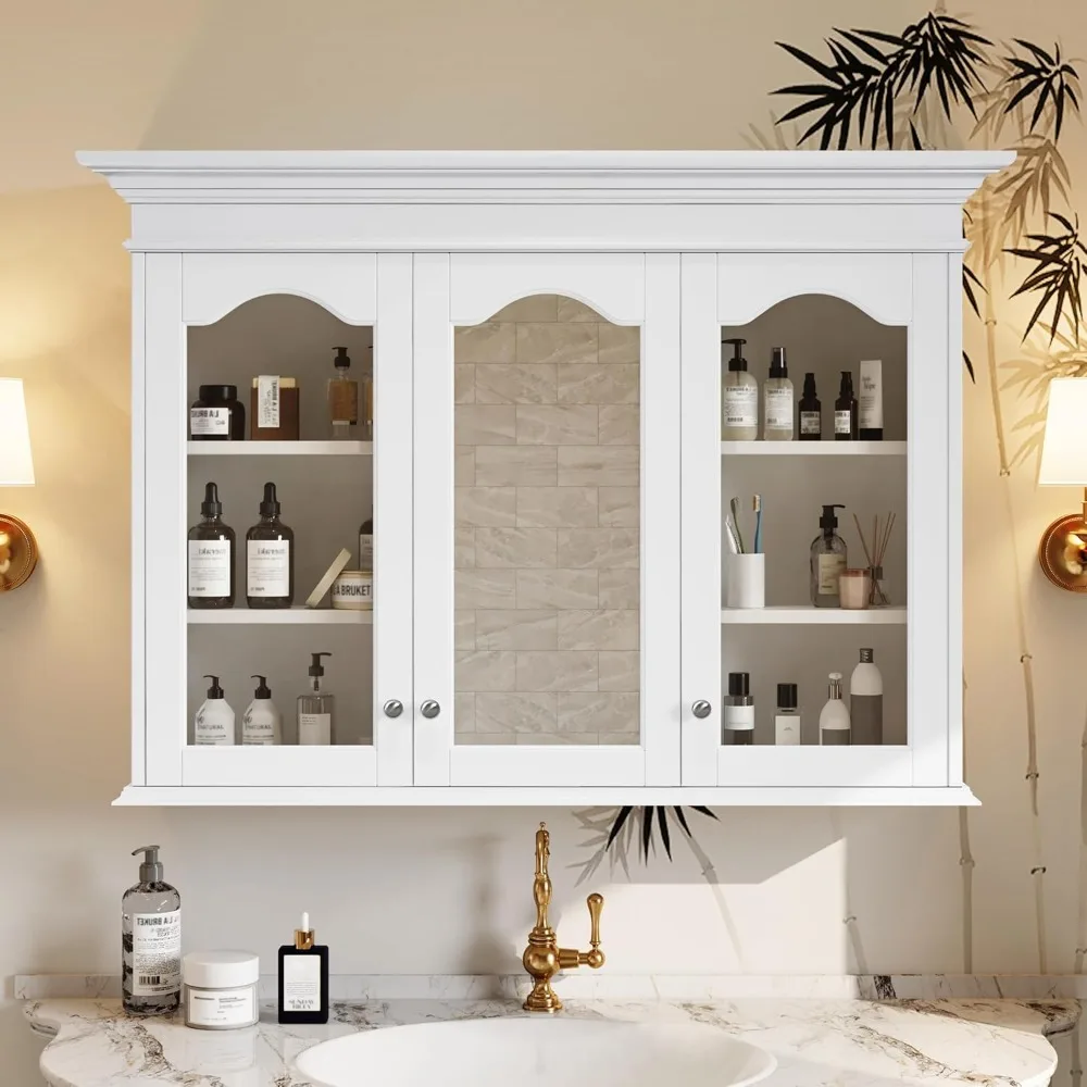 

Medicine Cabinet with Mirror, 40 x 28 Wall Mounted Bathroom Storage Cabinet with Glass Doors and Adjustable Shelves