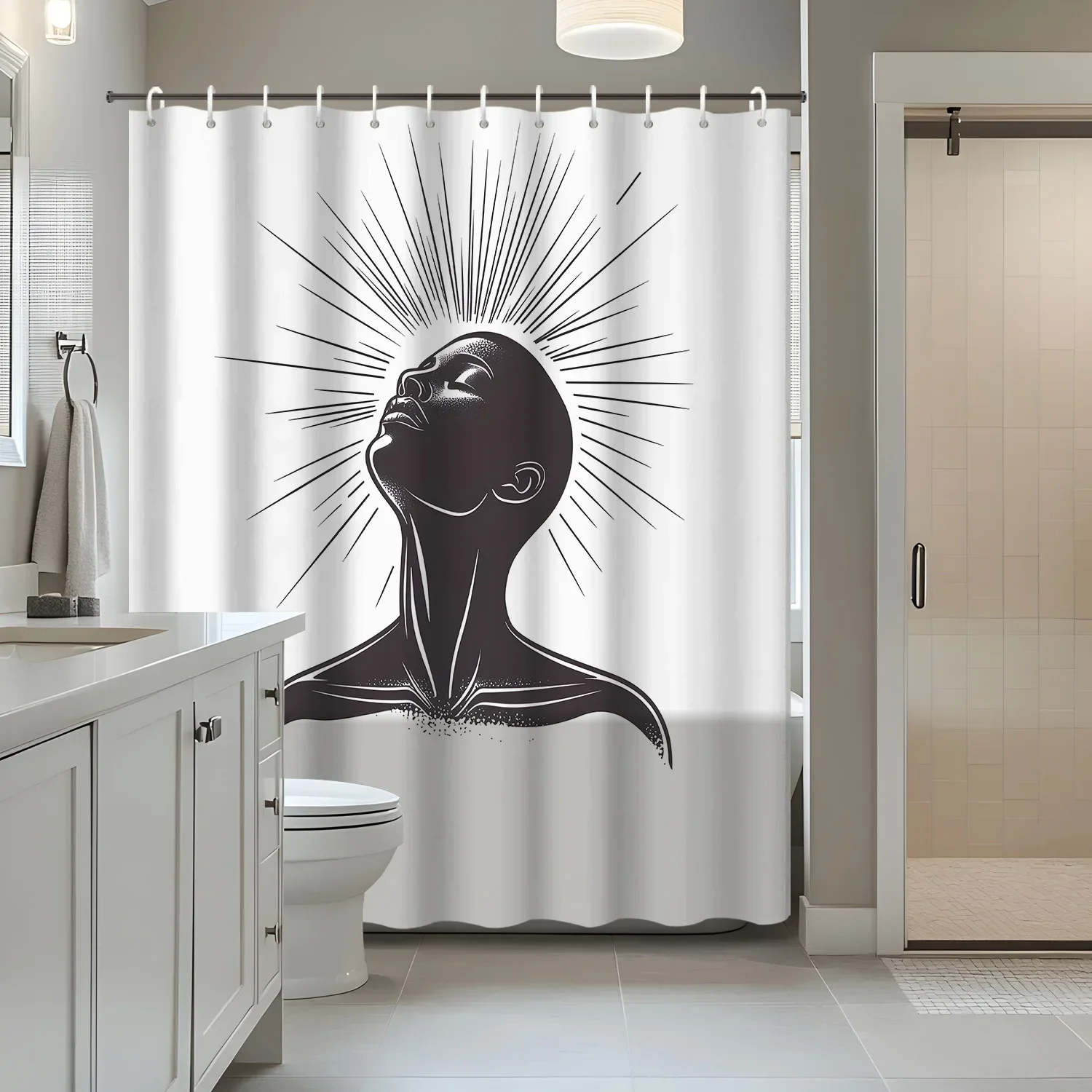 1pc Abstract Art Black and White Line Art Face Bathroom Shower Curtain with 12 Hooks, Bathroom Decorative Partition CurtainVVV