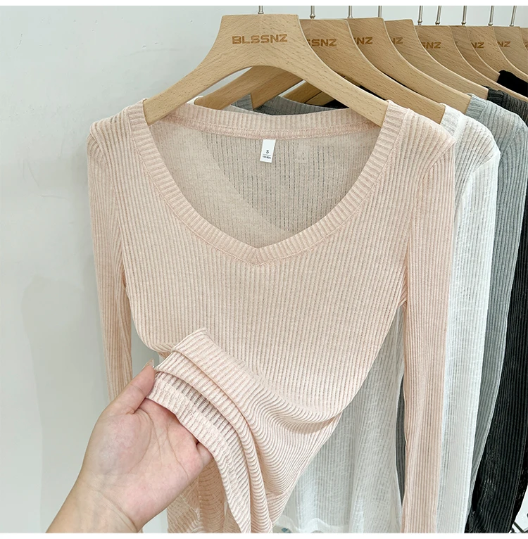 2026 Sommer Neuer Lässiger Stil Transparentes Dünnes Durchsichtiges Überzug-Top Damen T-Shirt V-Ausschnitt Sonnenschutz Langarm T-Shirt – Detail 12