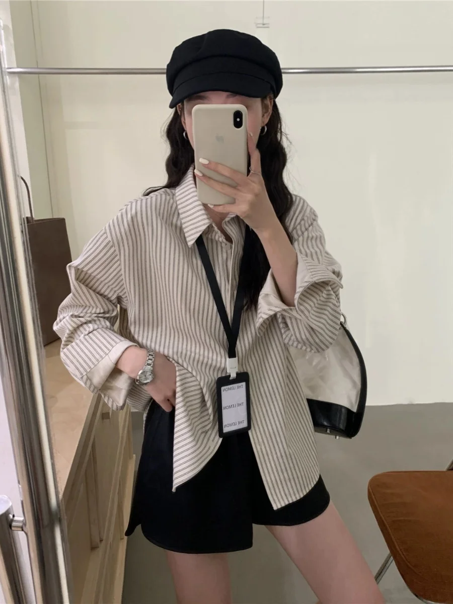

Retro Corduroy Striped irt Women's Casual Top Layering Autumn Winter Small Size Commute Sle Korean Loose Fit Long Sve