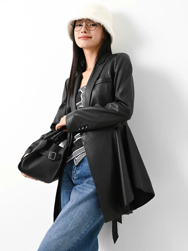 Mid-length Asymmetrical Genuine Leather Jacket Women Spring Autumn High-end Simple Soft Black Lace-up Real Sheepskin Trench Coat