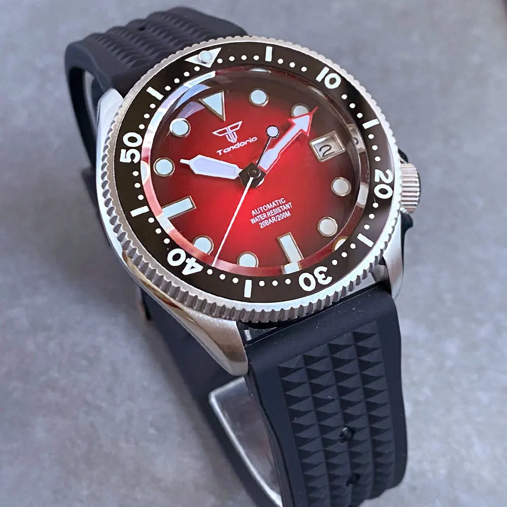 37mm Tandorio 20ATM Diver NH35 Sunburst Red Blue 120 Click Sapphire Luminous Automatic Men Watch Date 3.8 Crown Waffle Strap