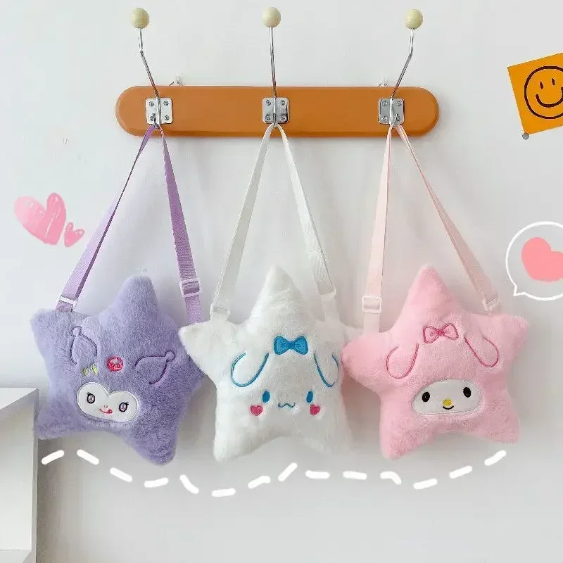 Sanrio estrela de cinco pontas saco de pelúcia cinnamoroll minha melodia kuromi anime dos desenhos animados bordado acessório kawaii saco de armazenamento presente das meninas