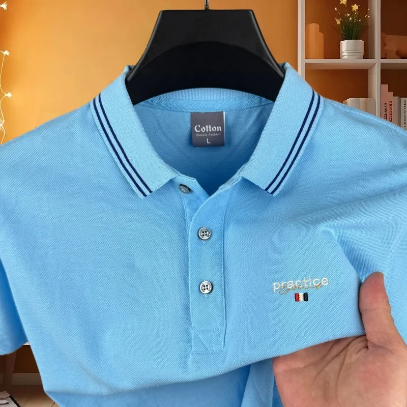 

100% pure cotton high-end brand men's short sleeved polo shirt summer fashion striped letter embroidery golf top casual T-shirt