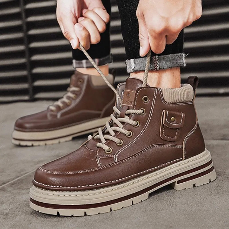 

Осень 202, повседневные короткие ботинки в британском стиле ретро с высоким берцем на толстой подошве для мужчин, модные трендовые универсальные удобные ботильоны на массивном каблуке