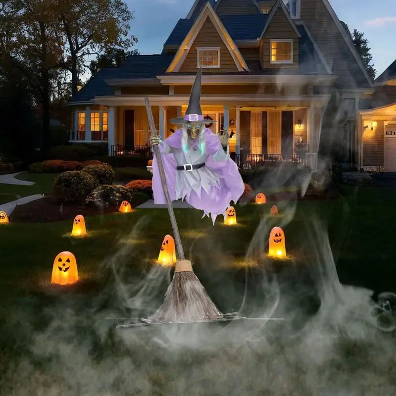 Halloween Flying Witch Decoration Scary Sounds Lights Outdoor Garden Yard Decor Large Hovering Witch Prop with Glowing Eyes