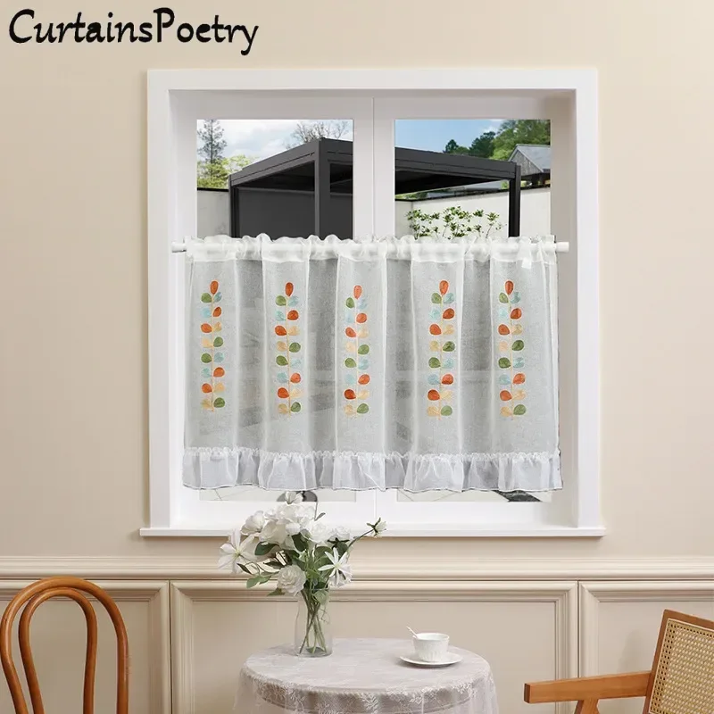 

White Sheer Kitchen Curtains Colorful Leaf Embroidered Cafe Curtains Semi Sheer Short Half Window Decor Rod Pocket Tier Curtains