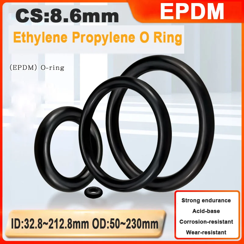 EPDM O-Ring 8.6mm Wire Diameter OD 50~230mm Rubber Seal Ring Waterproof Sealing Gasket Assortment for Industrial Home Repair