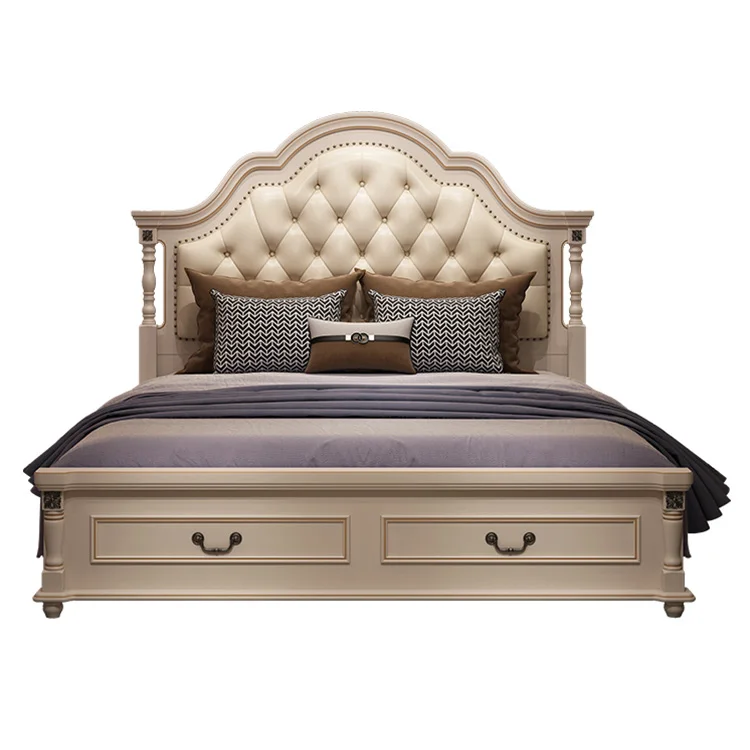 Cheap luxury solid wooden frame double bed queen size european styled bedroom furniture