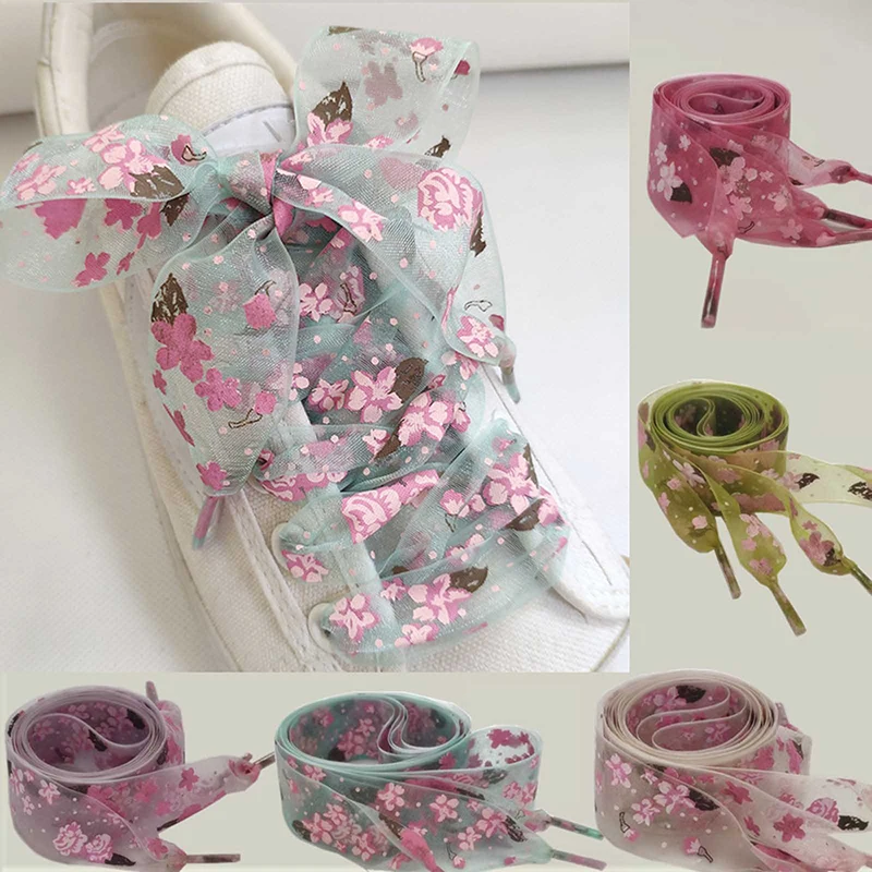 1Pair Trend Personality Sport Casual Shoes Laces Beautiful Printing Flower Chiffon Shoelace Men Women Bow Organza Shoelaces